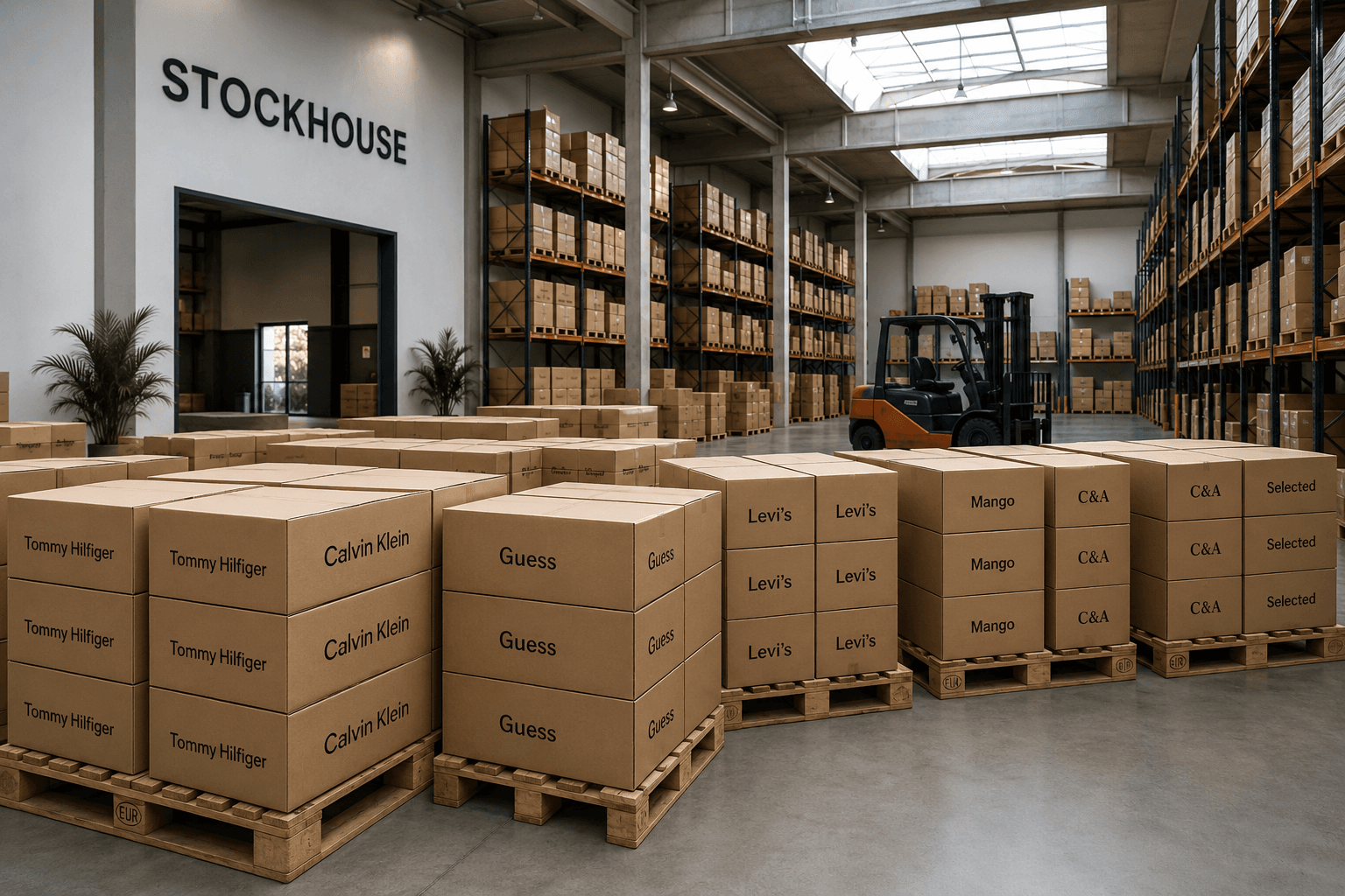 Interiorul depozitului en gros StockHouse din Deva, cu paleți și rafturi de loturi de haine